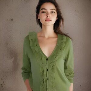 NWT Talbots V-Neck Olive Army Green Ruffle Pima Cotton Cardigan Dress Sweater XS